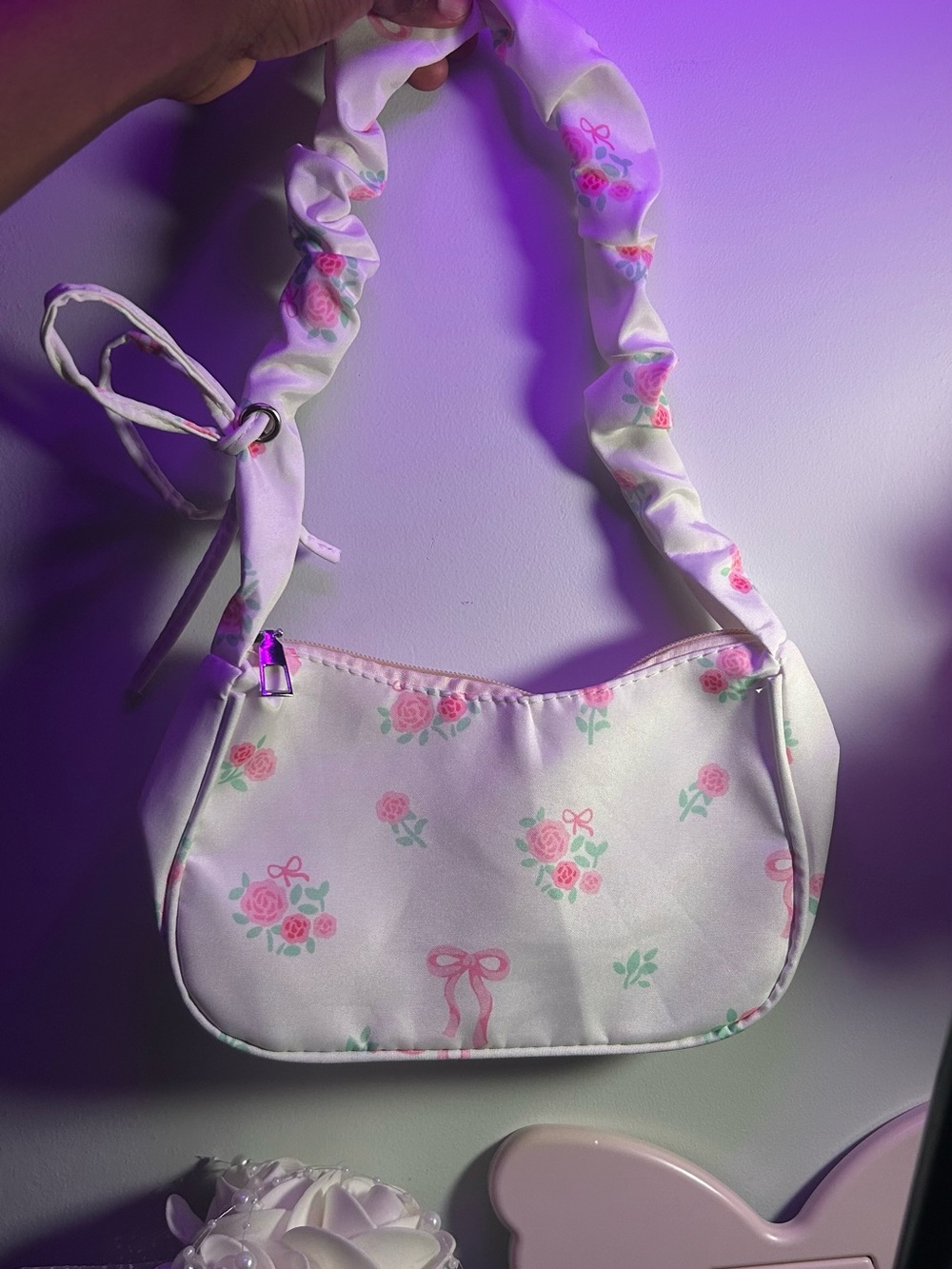 Women Floral Bow Shoulder Bag - White and Pink with Pink Roses